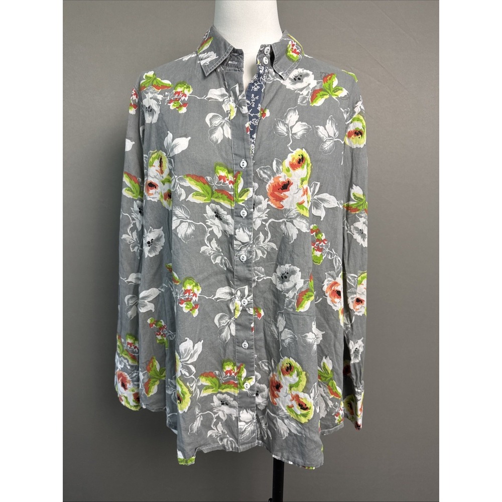 Soft Surroundings Floral Button-Down Long Sleeve Shirt Gray Size M